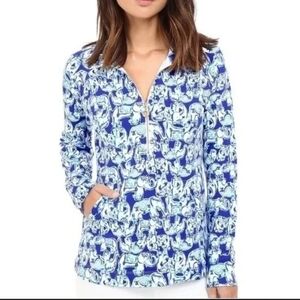 Lilly Pulitzer Get Trunky Print 1/2 Zip Skipper Popover Shirt XXS Blue/White